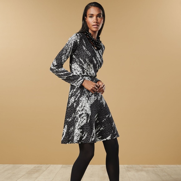 NWT Carmen Marc Valvo Birdseye Jacquard Sweater Dress Sz M - Picture 2 of 3